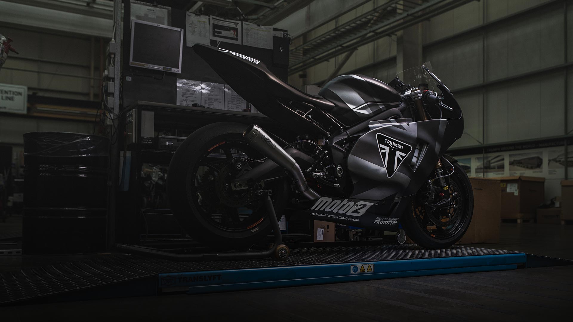 Triumph Moto2 prototype bike in the Triumph workshop